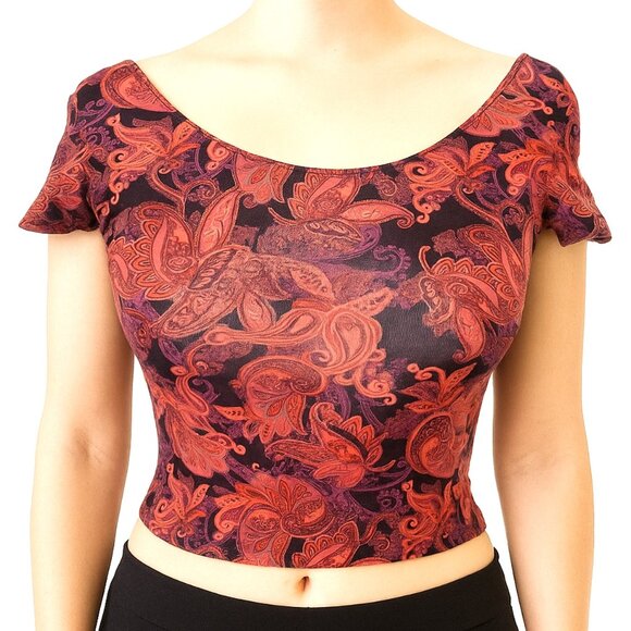 Womens Paisley Pink Crop Top Bodycon Boho Casual School T Shirt Ribbed Sz S - Picture 1 of 8